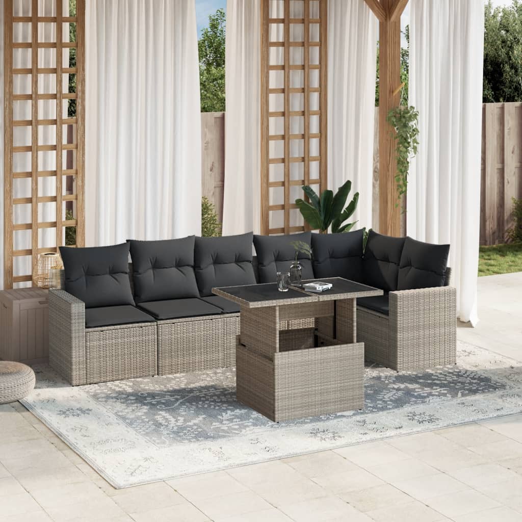 vidaXL 7-tlg. Garten-Sofagarnitur mit Kissen Hellgrau Poly Rattan