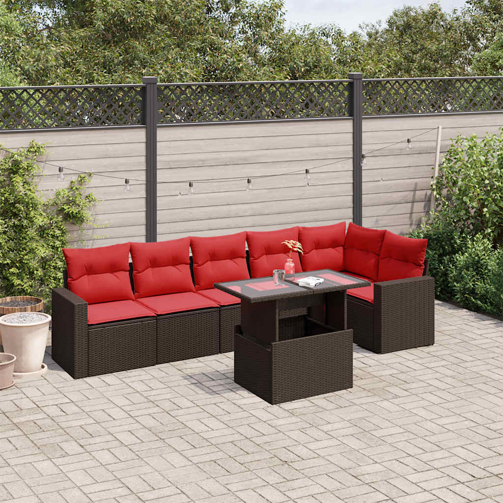 vidaXL 7-teiliges Gartensofa-Set mit Kissen, braun, Polyrattan