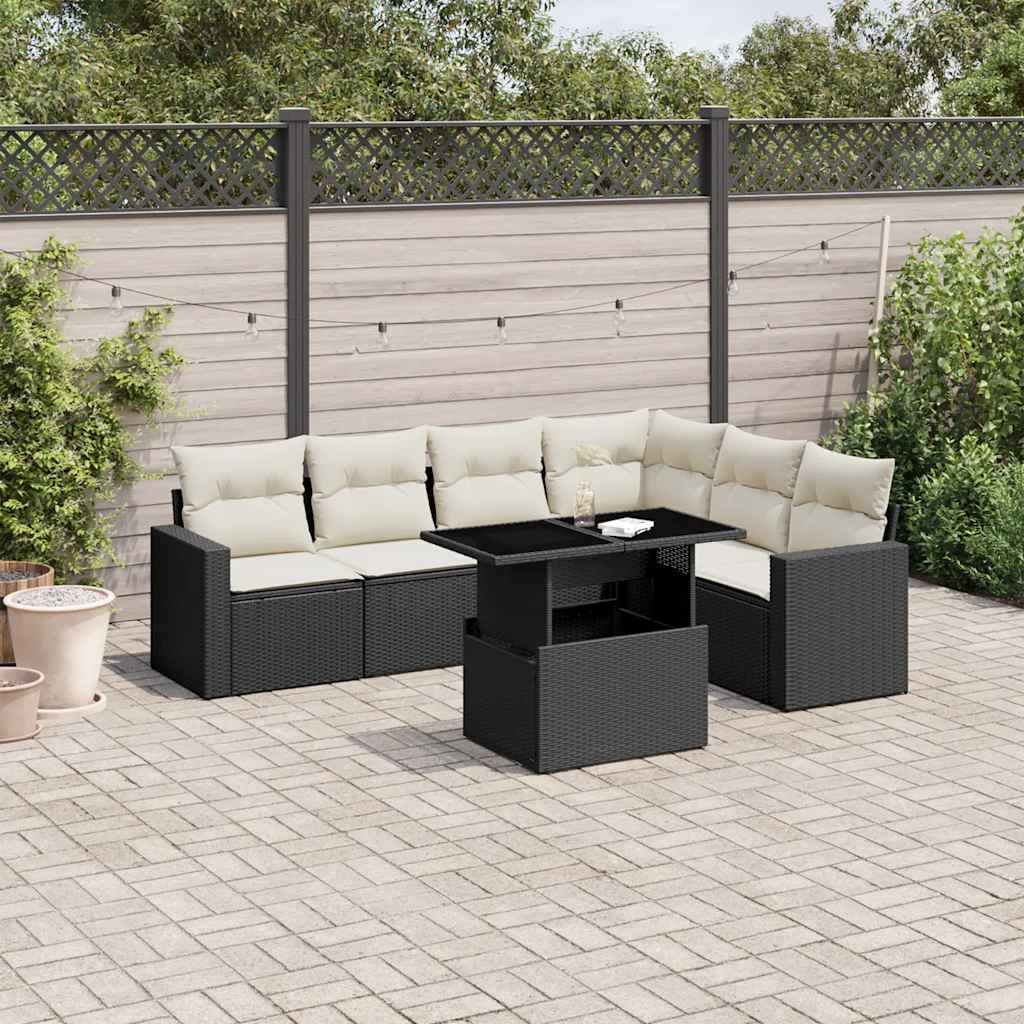 vidaXL 7-tlg. Garten-Sofagarnitur mit Kissen Schwarz Poly Rattan