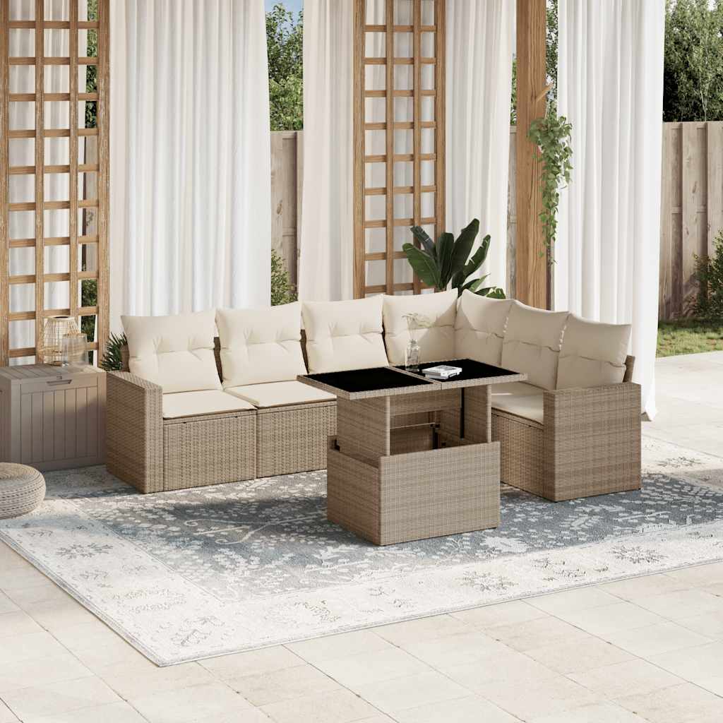 vidaXL 7-tlg. Garten-Sofagarnitur mit Kissen Beige Poly Rattan