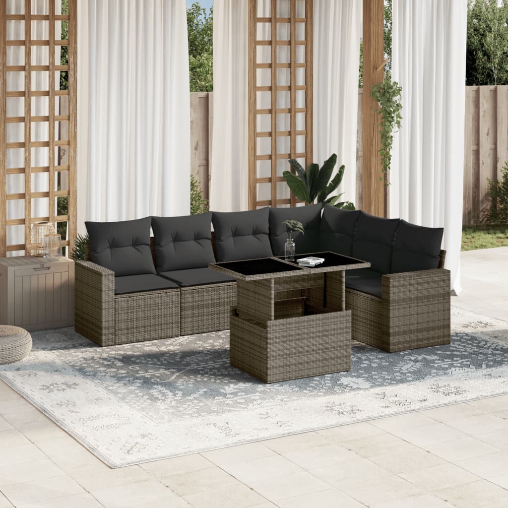 vidaXL 7-tlg. Garten-Sofagarnitur mit Kissen Grau Poly Rattan