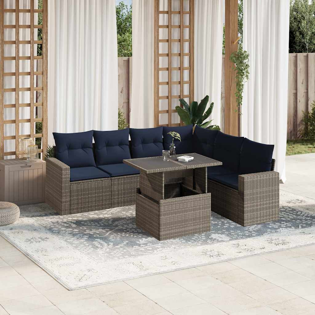 7 Piece Patio Sofa Set with Cushions Gray Poly Rattan
