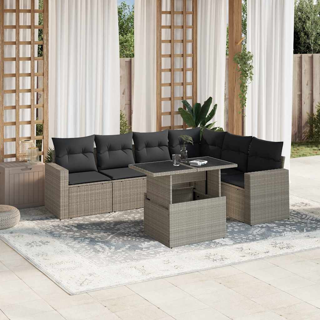 vidaXL 7-tlg. Garten-Sofagarnitur mit Kissen Hellgrau Poly Rattan