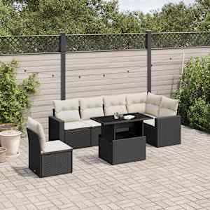 Vrtna sedežna garnitura 7-delna z blazinami črn poli ratan