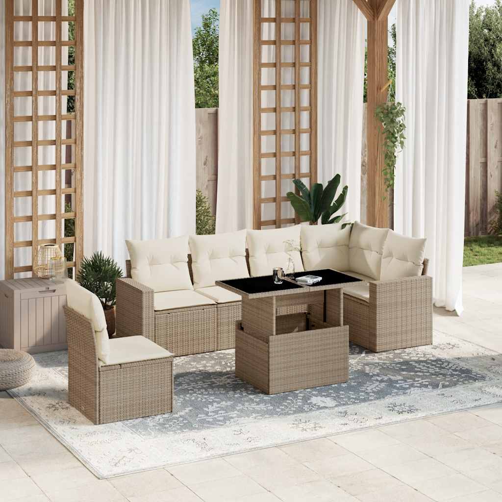 vidaXL 7-tlg. Garten-Sofagarnitur mit Kissen Beige Poly Rattan