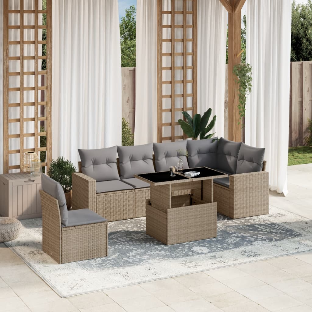 vidaXL 7-tlg. Garten-Sofagarnitur mit Kissen Beige Poly Rattan