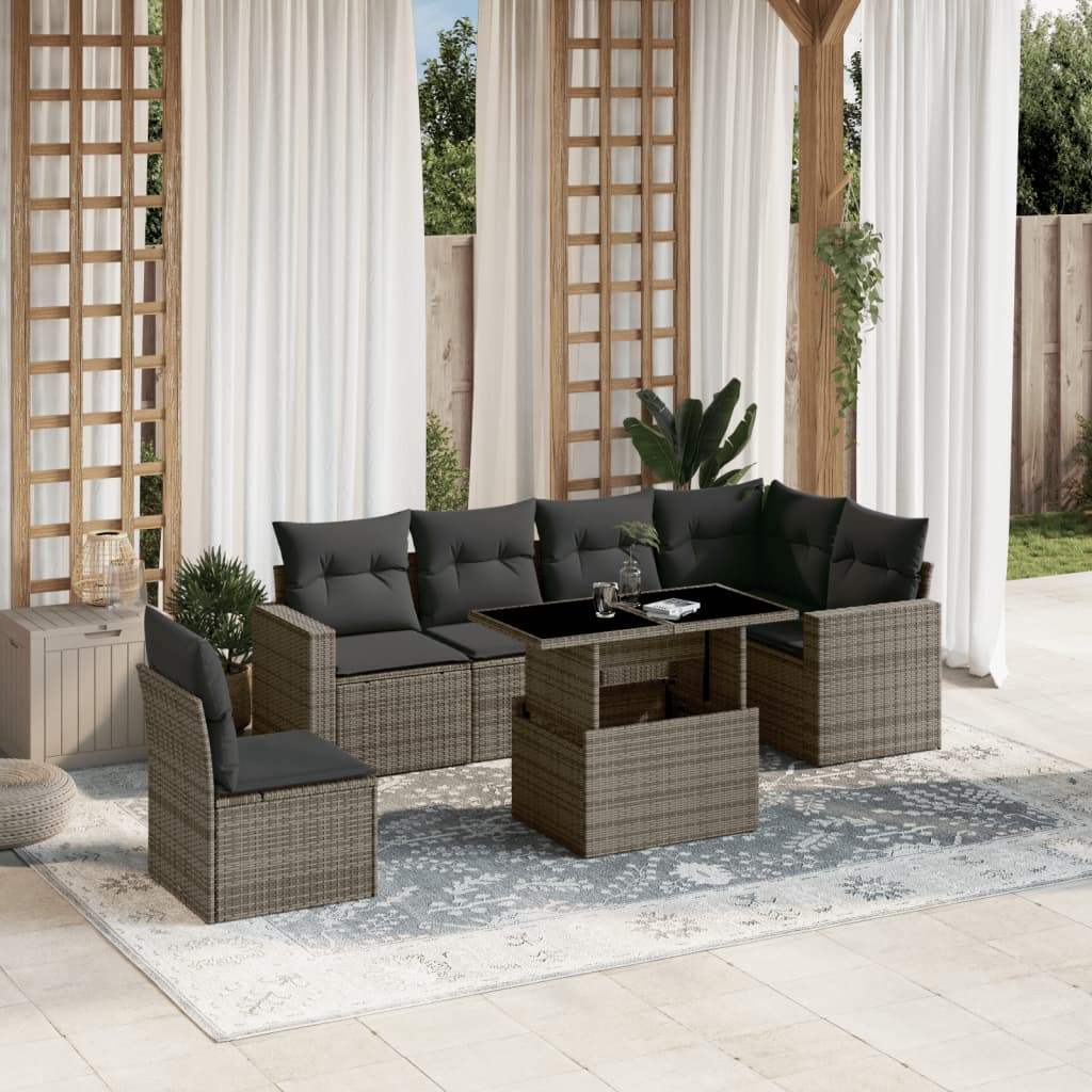 vidaXL 7-tlg. Garten-Sofagarnitur mit Kissen Grau Poly Rattan