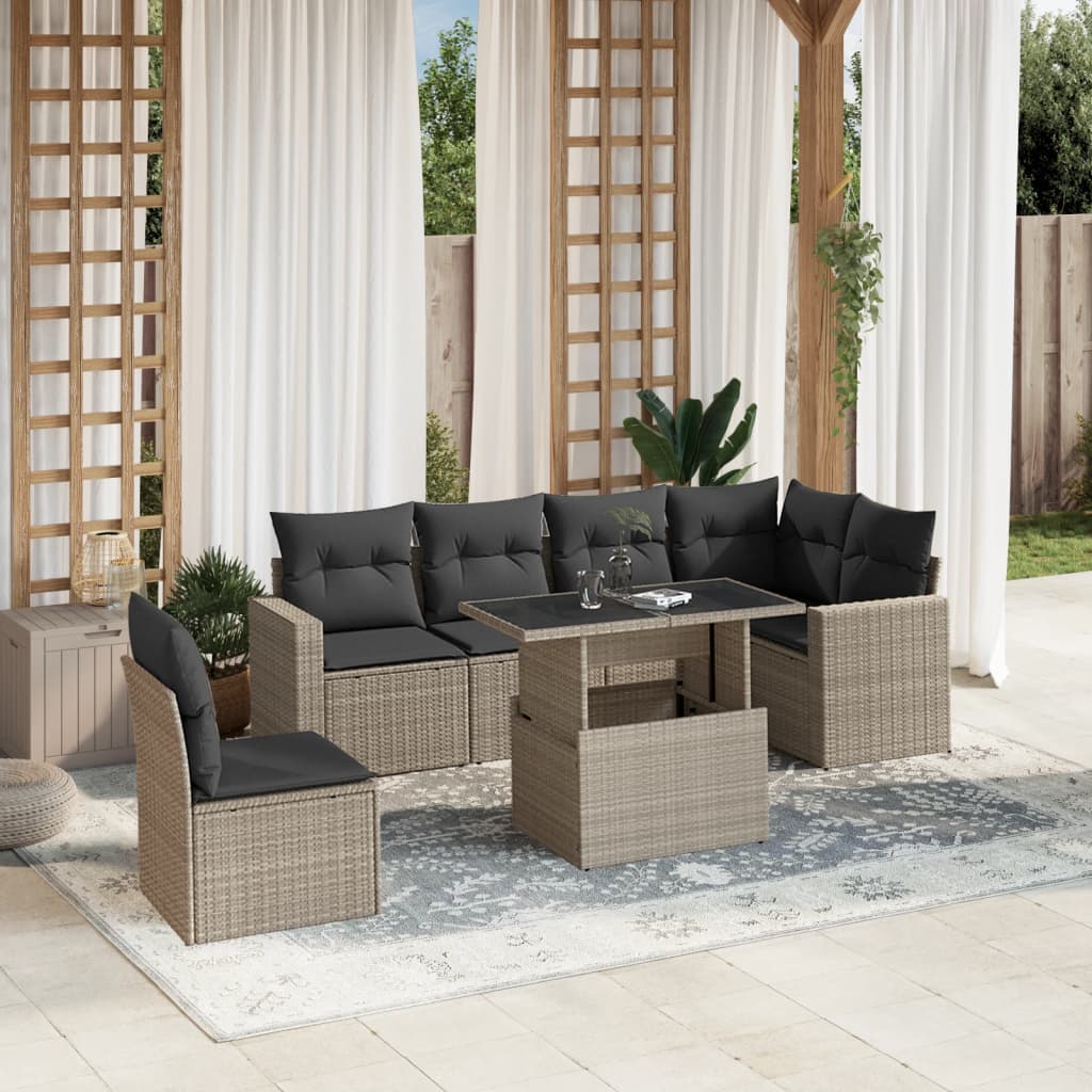 7-tlg. Garten-Sofagarnitur mit Kissen Hellgrau Poly Rattan