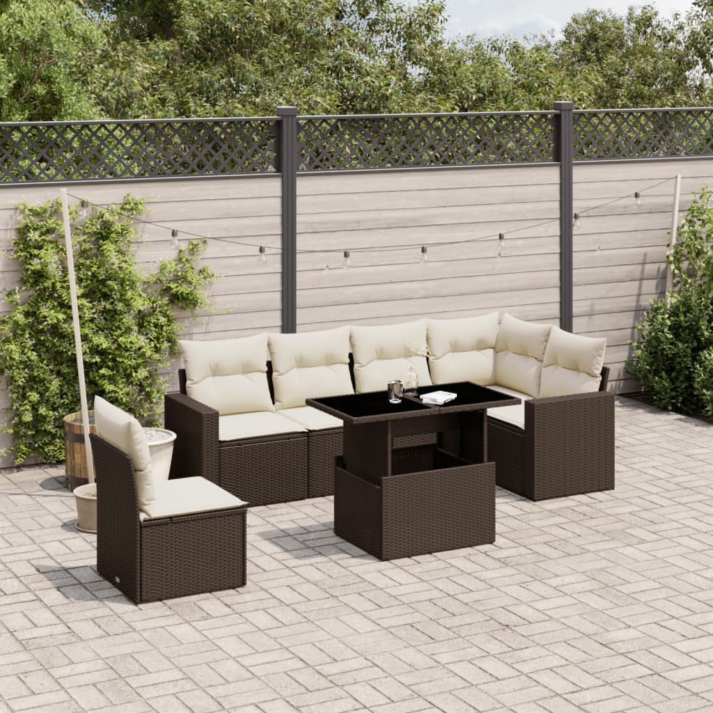 vidaXL 7-tlg. Garten-Sofagarnitur mit Kissen Braun Poly Rattan