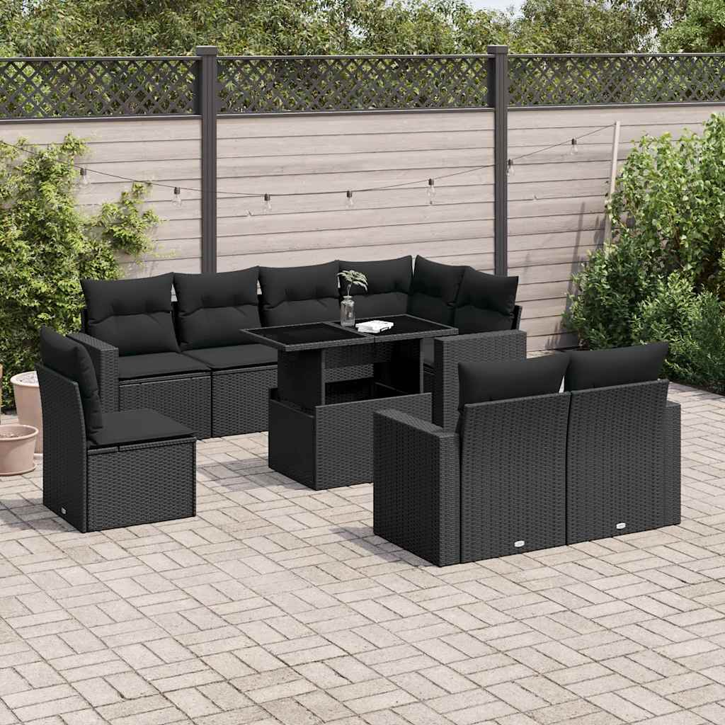 vidaXL Set mobilier de grădină cu perne, 9 piese, negru, poliratan