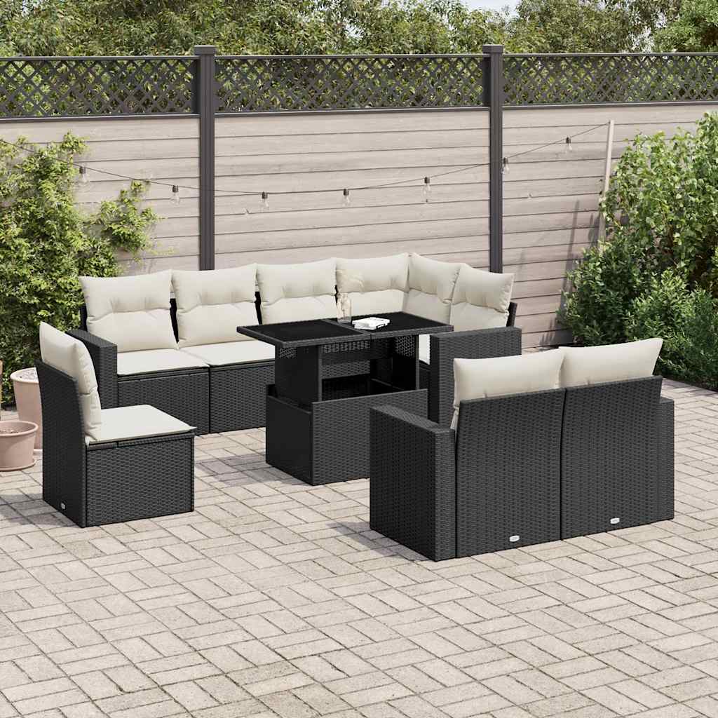 vidaXL Set mobilier de grădină cu perne, 9 piese, negru, poliratan