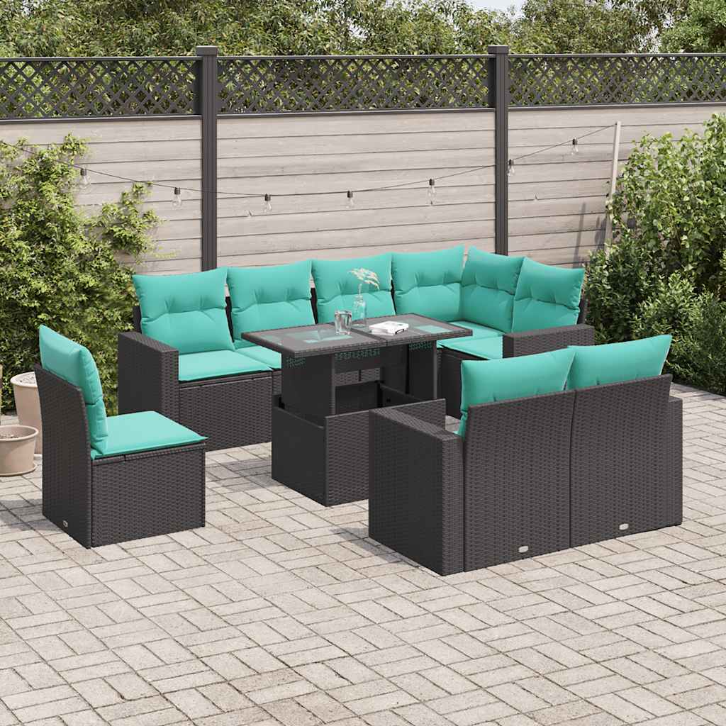 vidaXL 9-teiliges Gartensofa-Set mit Kissen, schwarzes Polyrattan