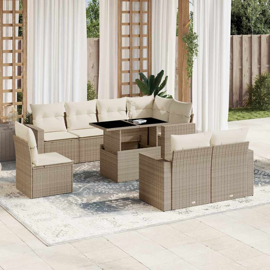 vidaXL 9-tlg. Garten-Sofagarnitur mit Kissen Beige Poly Rattan