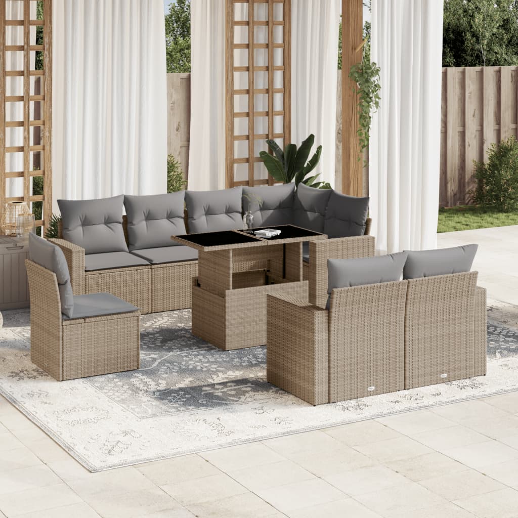 vidaXL 9-tlg. Garten-Sofagarnitur mit Kissen Beige Poly Rattan