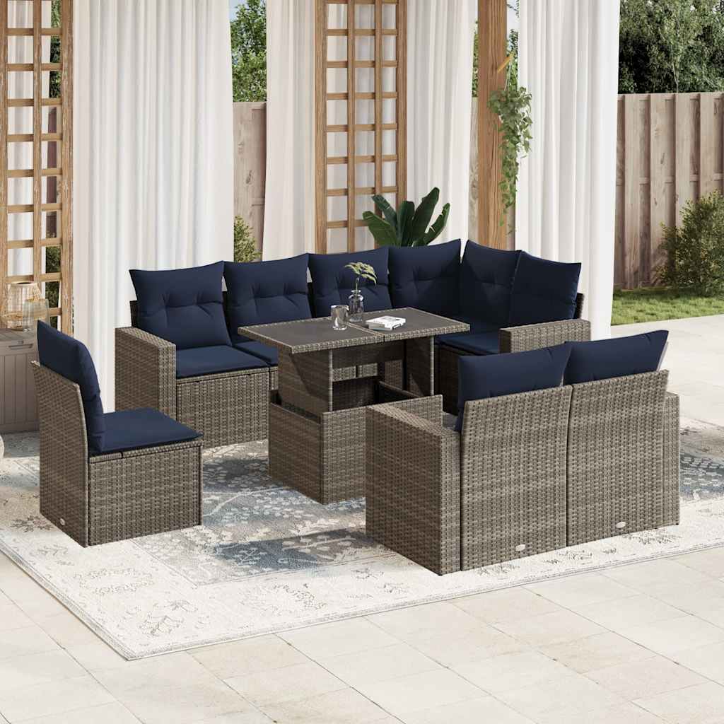 9 Piece Patio Sofa Set with Cushions Gray Poly Rattan