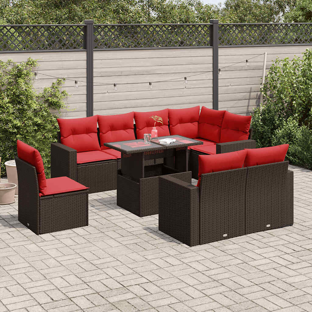 vidaXL 9-teiliges Gartensofa-Set mit Kissen, braun, Polyrattan