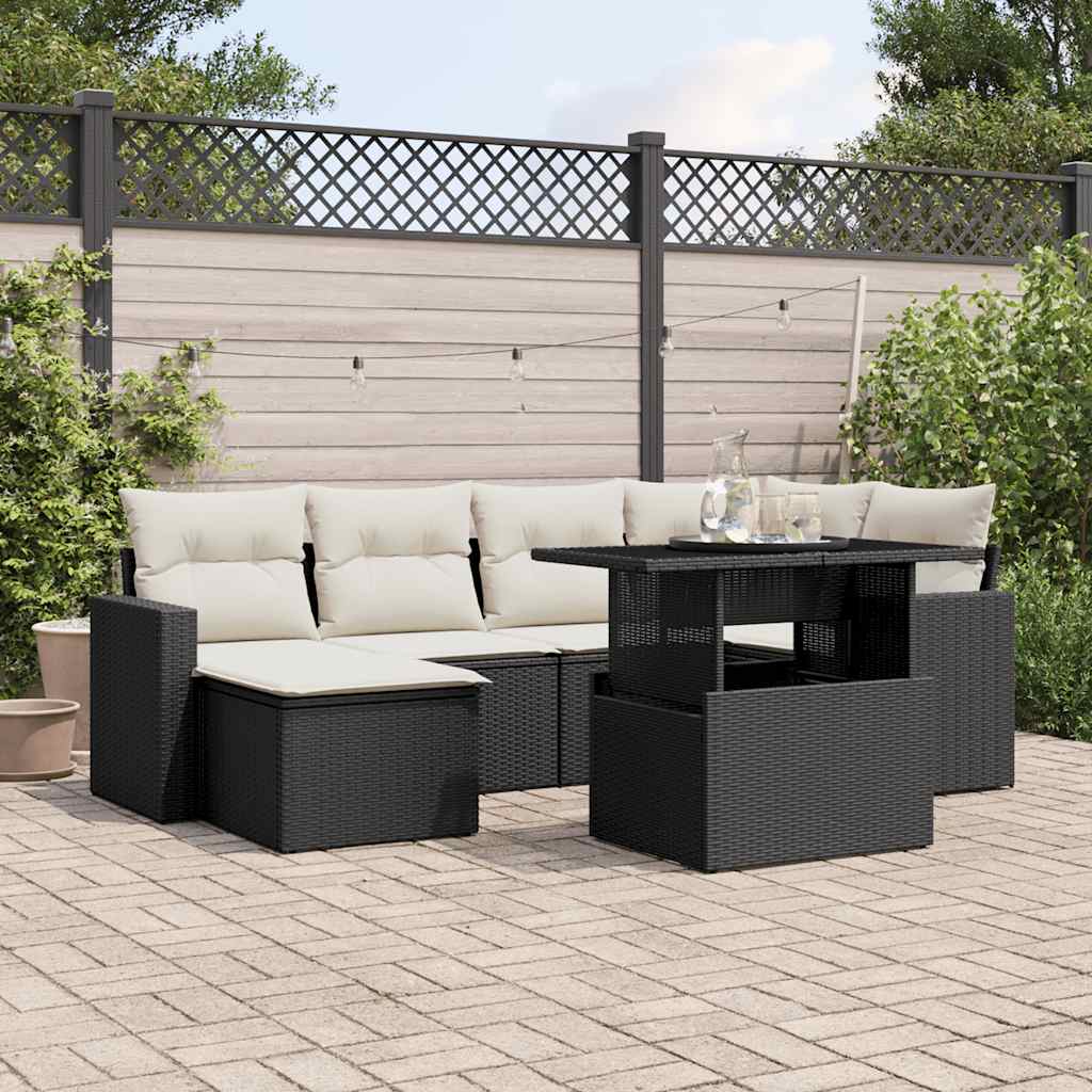 vidaXL 7-tlg. Garten-Sofagarnitur mit Kissen Schwarz Poly Rattan