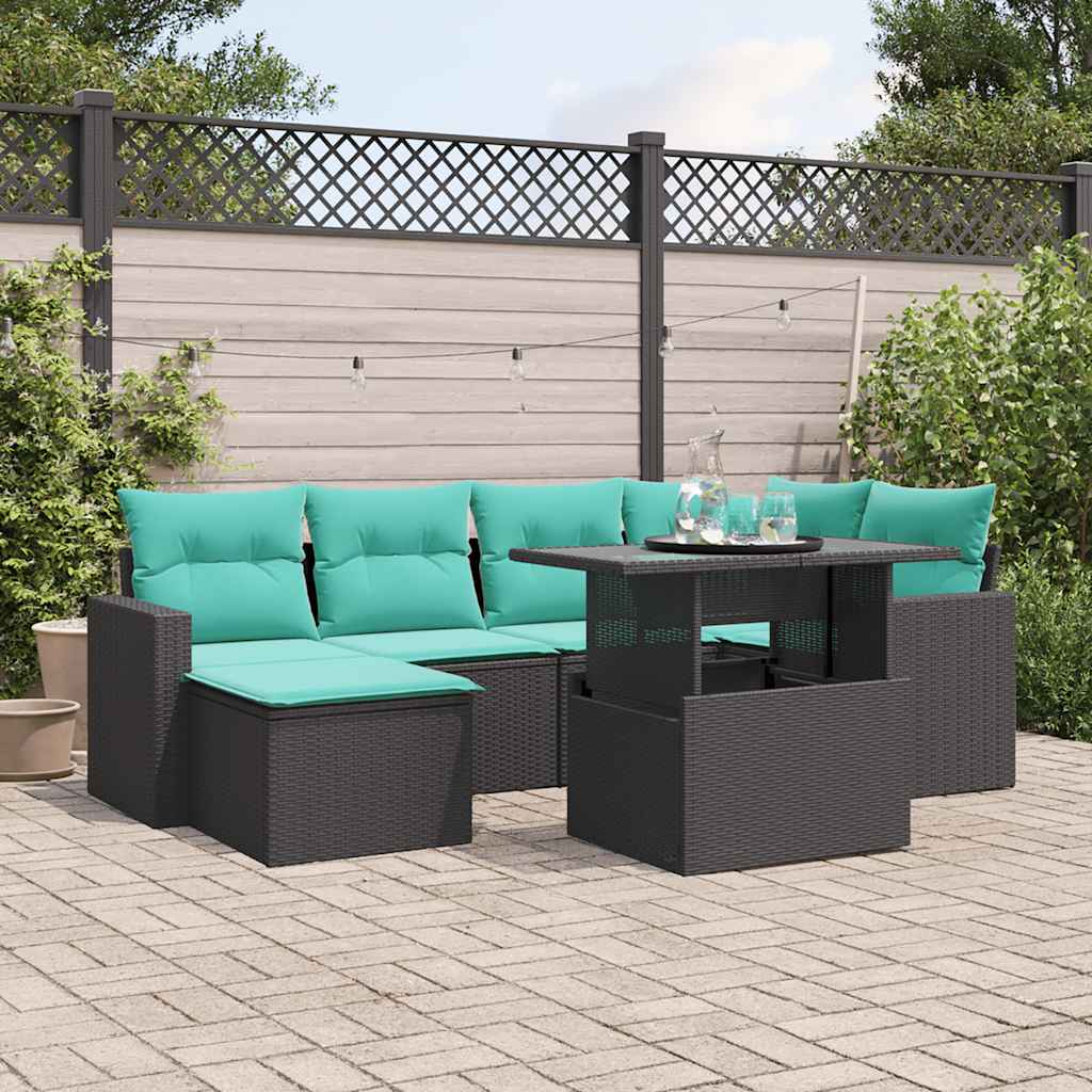 vidaXL 7-teiliges Gartensofa-Set mit Kissen, schwarzes Polyrattan