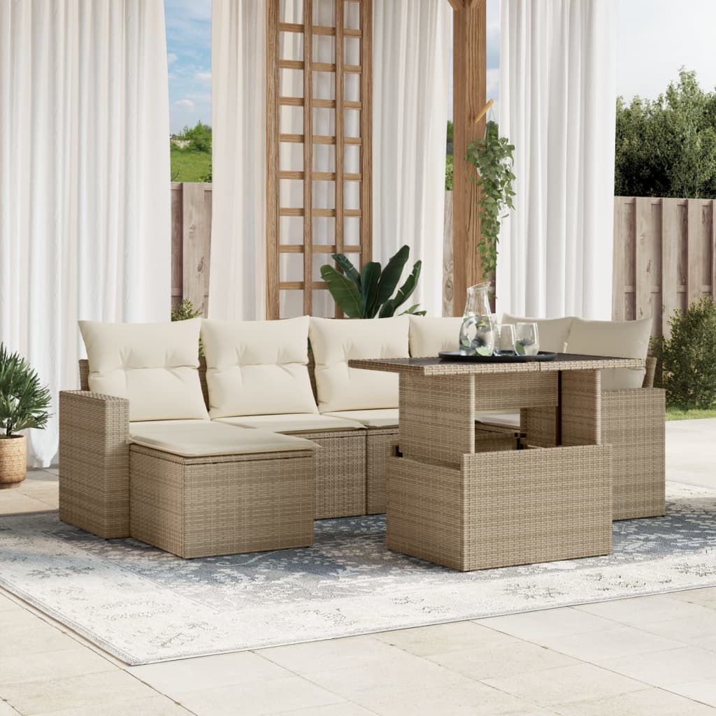 vidaXL 7-tlg. Garten-Sofagarnitur mit Kissen Beige Poly Rattan