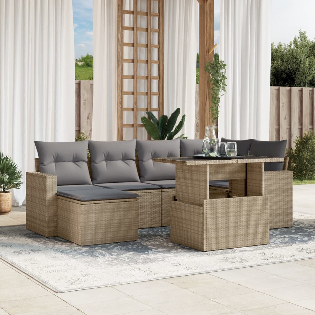 vidaXL 7-tlg. Garten-Sofagarnitur mit Kissen Beige Poly Rattan