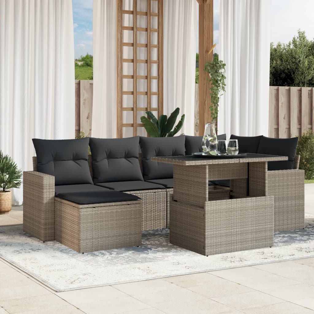 vidaXL 7-tlg. Garten-Sofagarnitur mit Kissen Hellgrau Poly Rattan