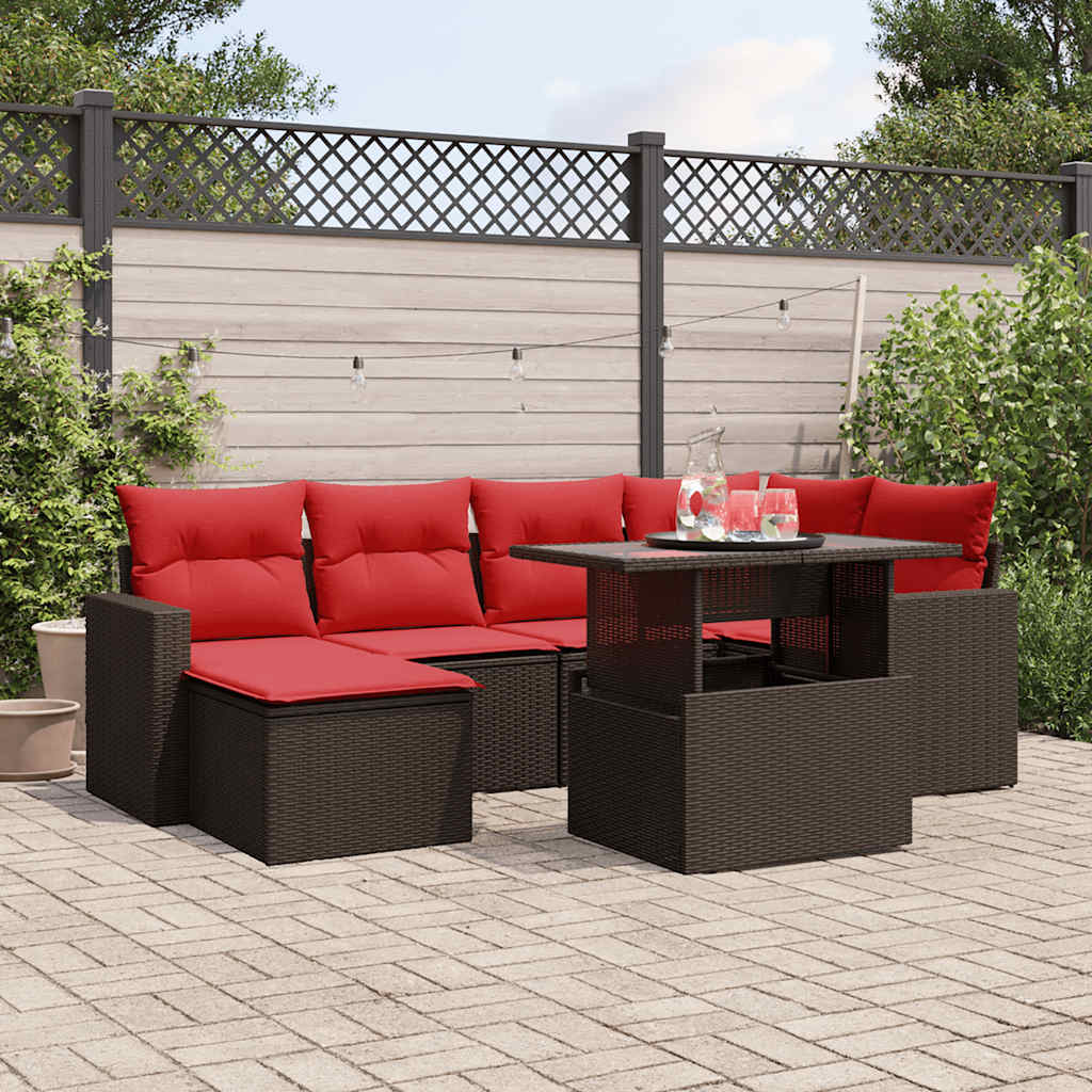 7 Piece Patio Sofa Set with Cushions Brown Poly Rattan