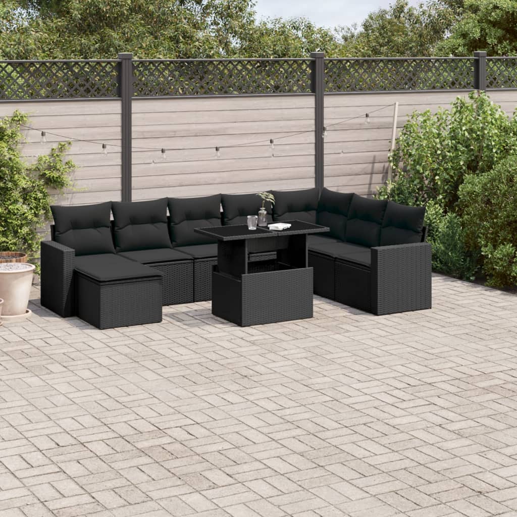 vidaXL 9-tlg. Garten-Sofagarnitur mit Kissen Schwarz Poly Rattan