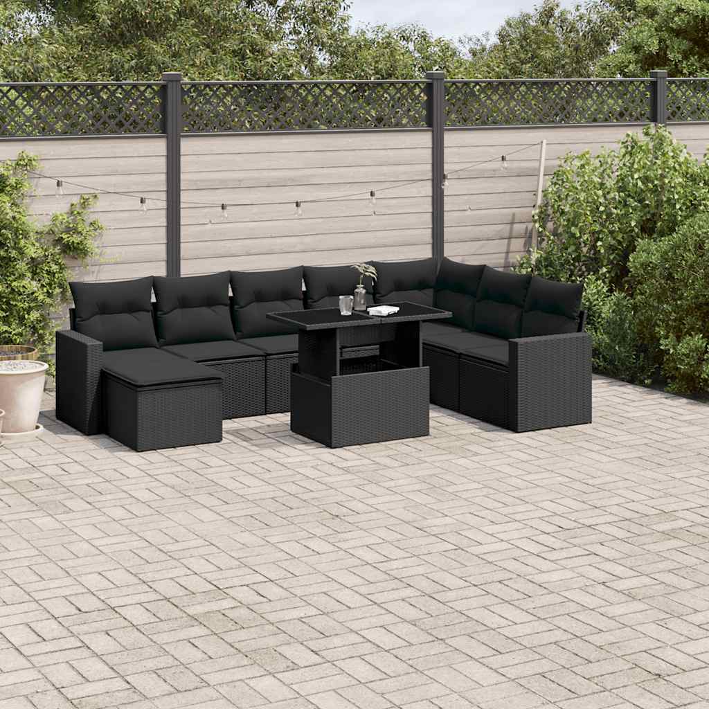 vidaXL 9-tlg. Garten-Sofagarnitur mit Kissen Schwarz Poly Rattan