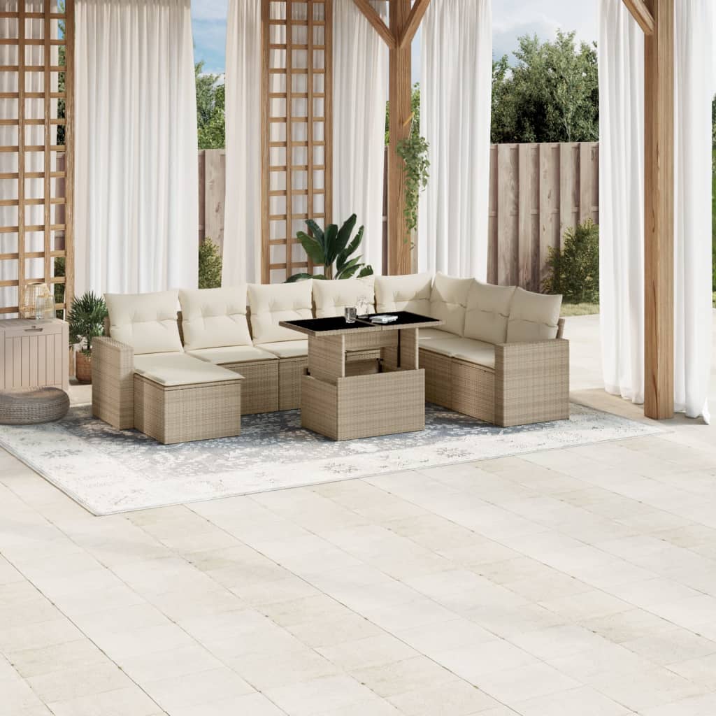 vidaXL 9-tlg. Garten-Sofagarnitur mit Kissen Beige Poly Rattan