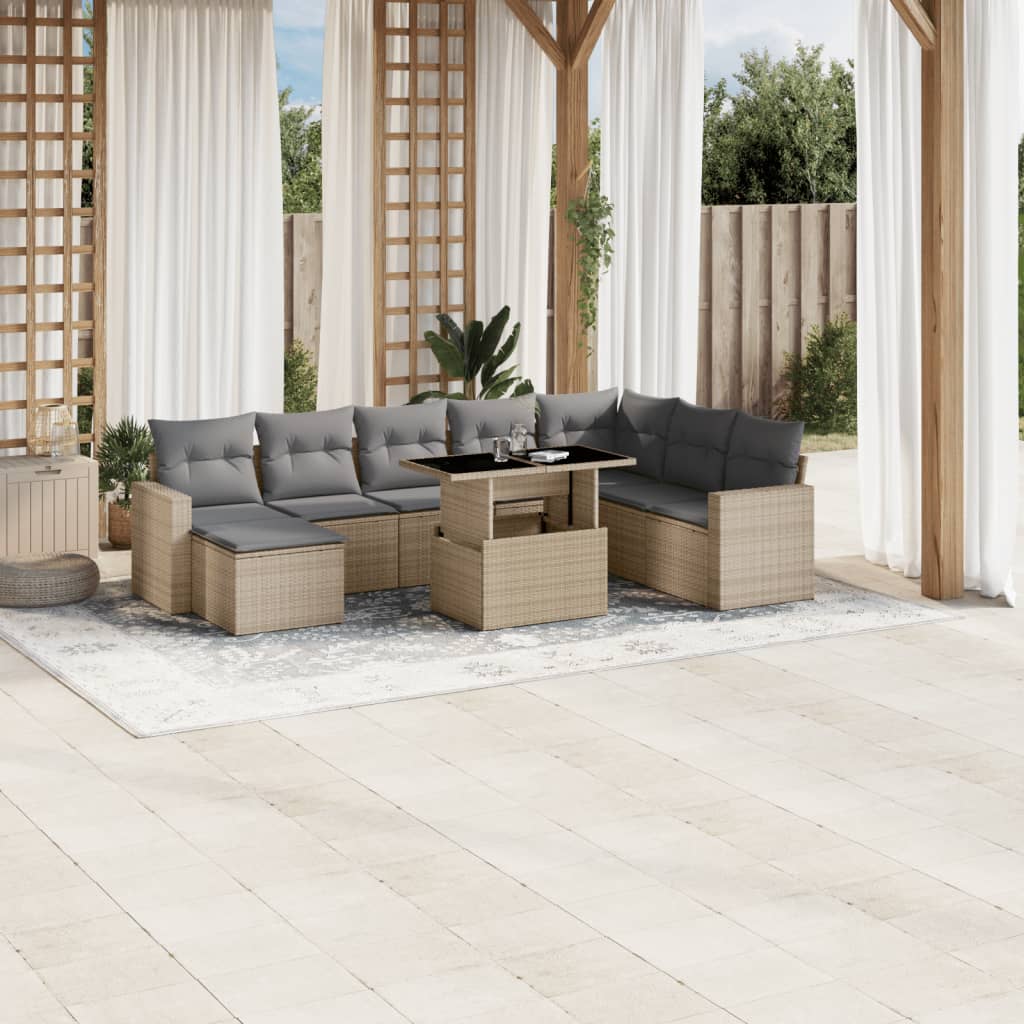 vidaXL 9-tlg. Garten-Sofagarnitur mit Kissen Beige Poly Rattan