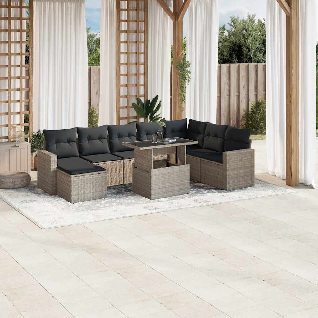 vidaXL 9-tlg. Garten-Sofagarnitur mit Kissen Hellgrau Poly Rattan