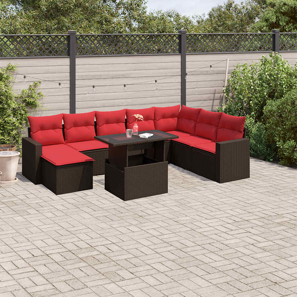 vidaXL 9-teiliges Gartensofa-Set mit Kissen, braun, Polyrattan