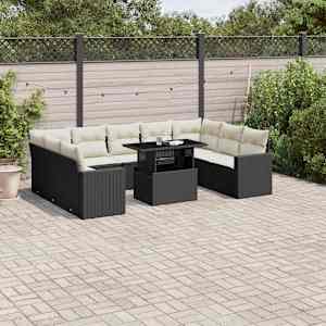 Vrtna sedežna garnitura 10-delna z blazinami črn poli ratan