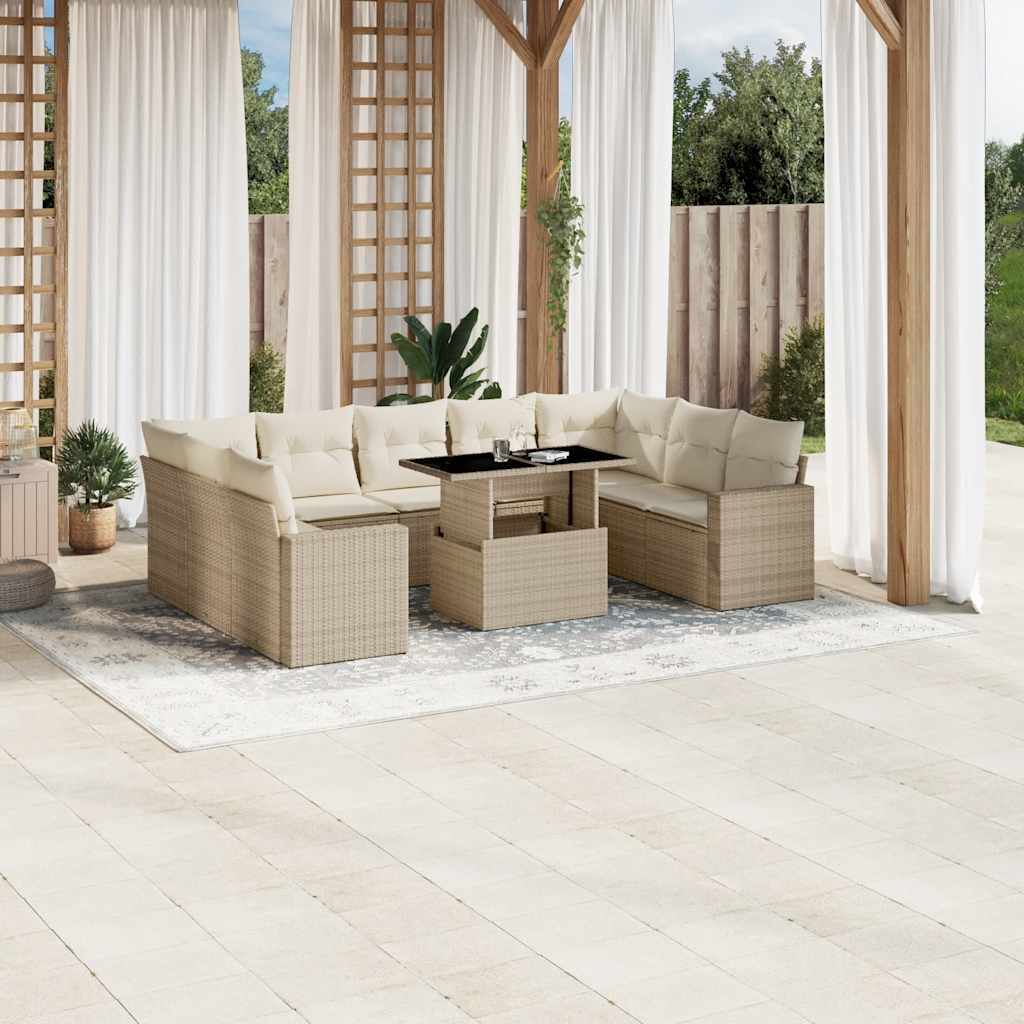 vidaXL 10-tlg. Garten-Sofagarnitur mit Kissen Beige Poly Rattan