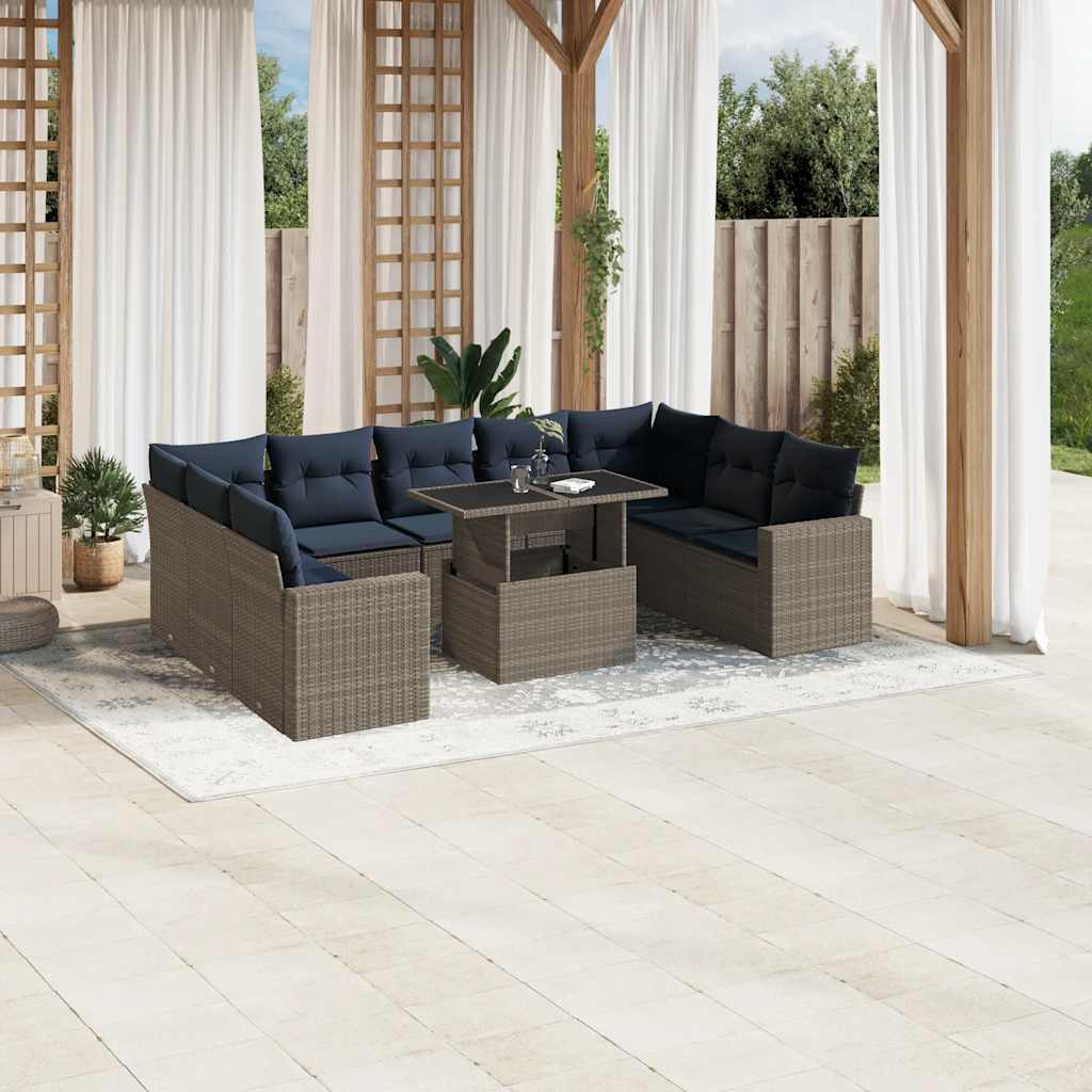 vidaXL 10-teiliges Gartensofa-Set mit Kissen, grau, Polyrattan