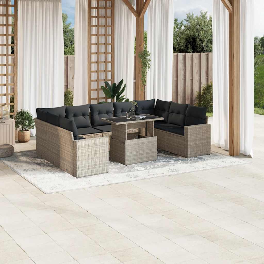 vidaXL 10-tlg. Garten-Sofagarnitur mit Kissen Hellgrau Poly Rattan