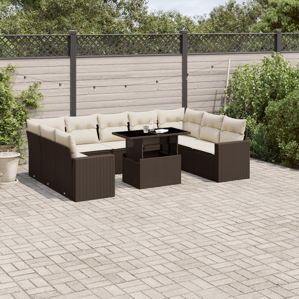 vidaXL 10-tlg. Garten-Sofagarnitur mit Kissen Braun Poly Rattan