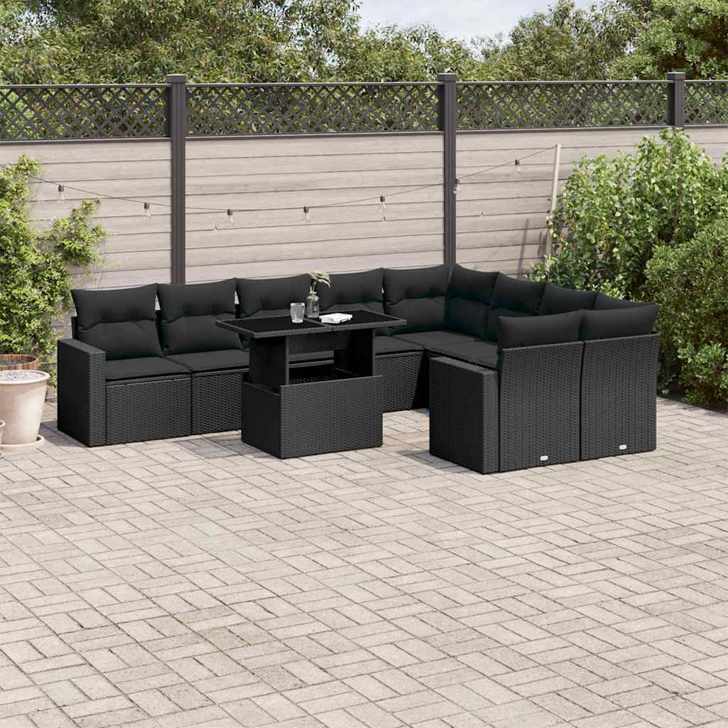 vidaXL 10-tlg. Garten-Sofagarnitur mit Kissen Schwarz Poly Rattan