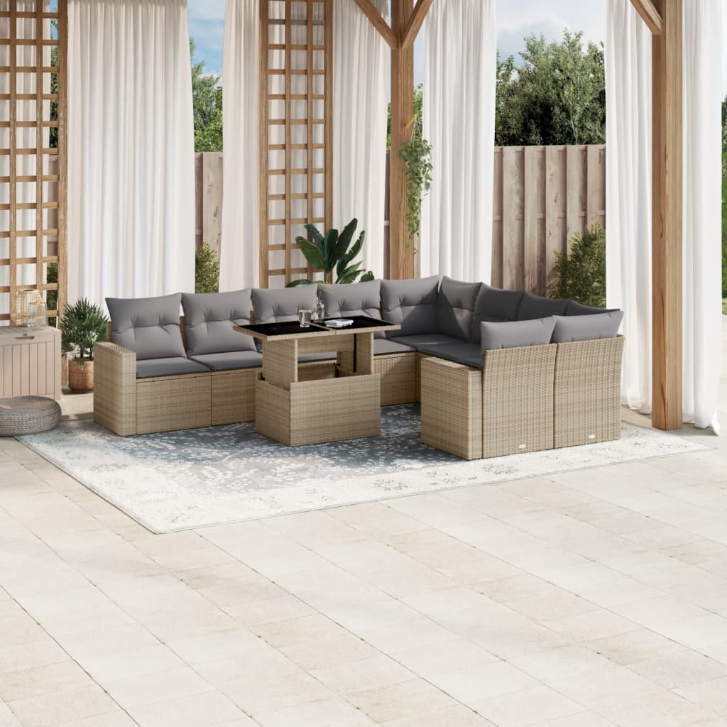 vidaXL 10-tlg. Garten-Sofagarnitur mit Kissen Beige Poly Rattan