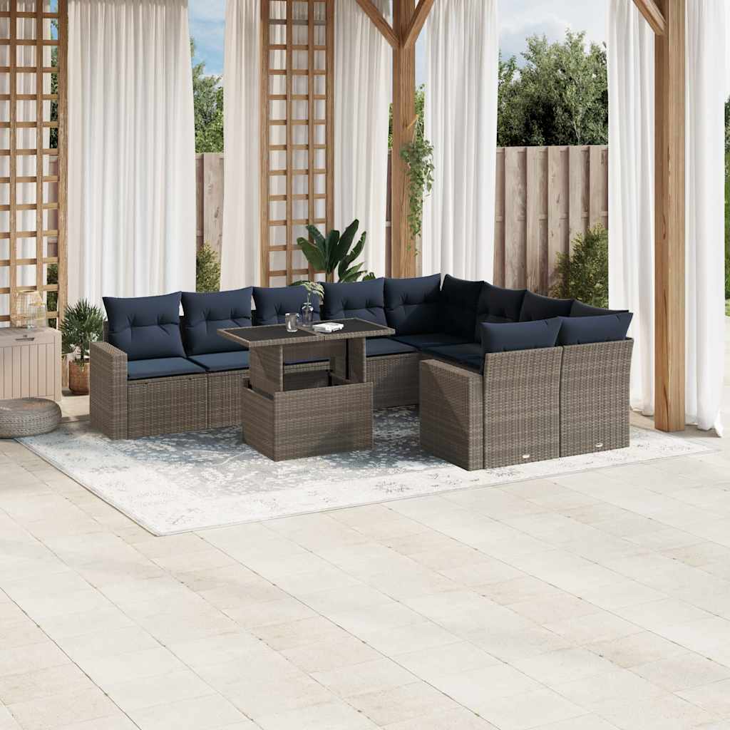 vidaXL 10-teiliges Gartensofa-Set mit Kissen, grau, Polyrattan