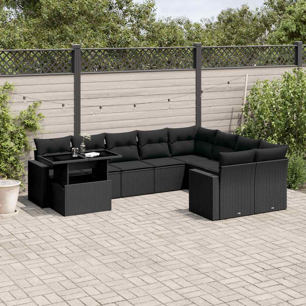 vidaXL 10-tlg. Garten-Sofagarnitur mit Kissen Schwarz Poly Rattan