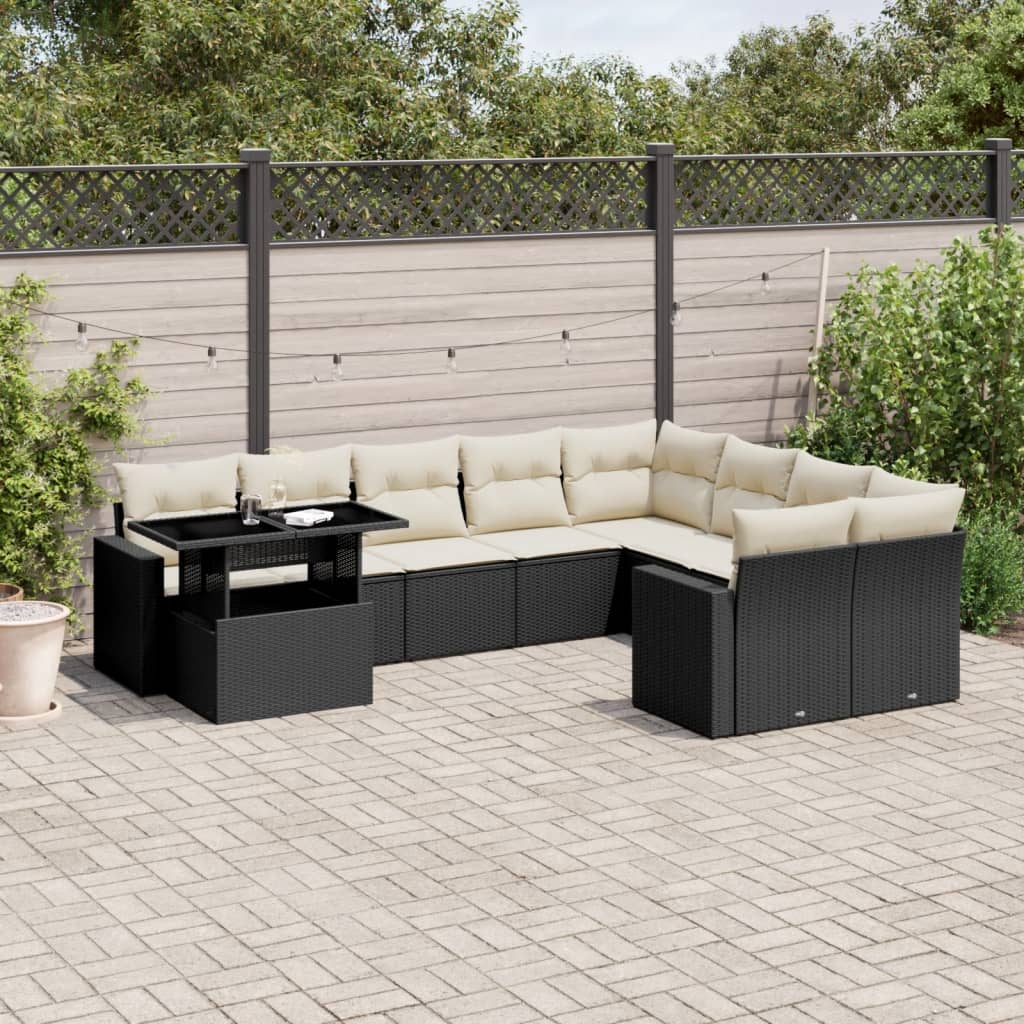 vidaXL 10-tlg. Garten-Sofagarnitur mit Kissen Schwarz Poly Rattan