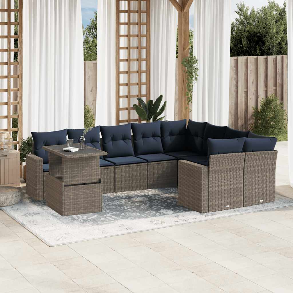 vidaXL 10-teiliges Gartensofa-Set mit Kissen, grau, Polyrattan