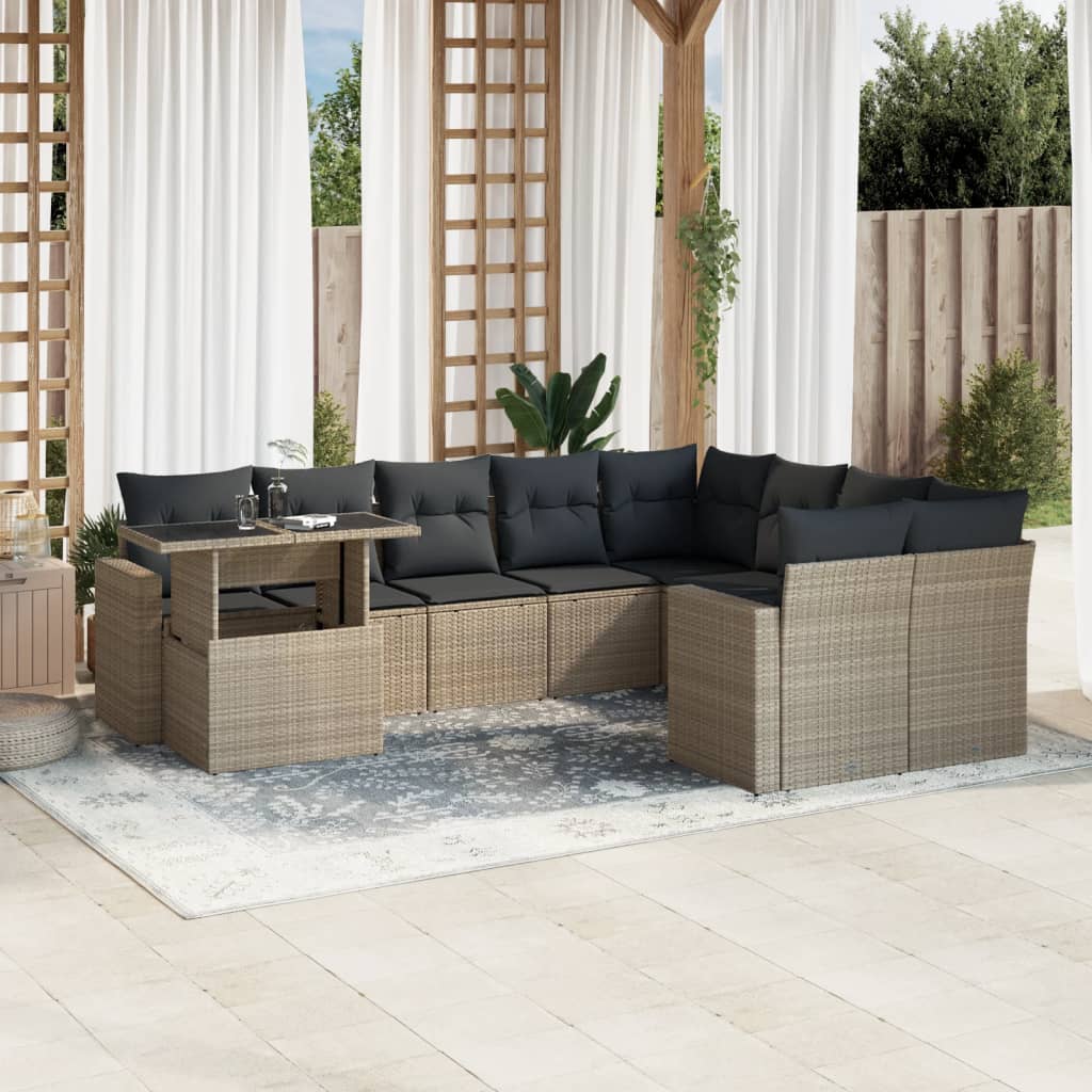 vidaXL 10-tlg. Garten-Sofagarnitur mit Kissen Hellgrau Poly Rattan