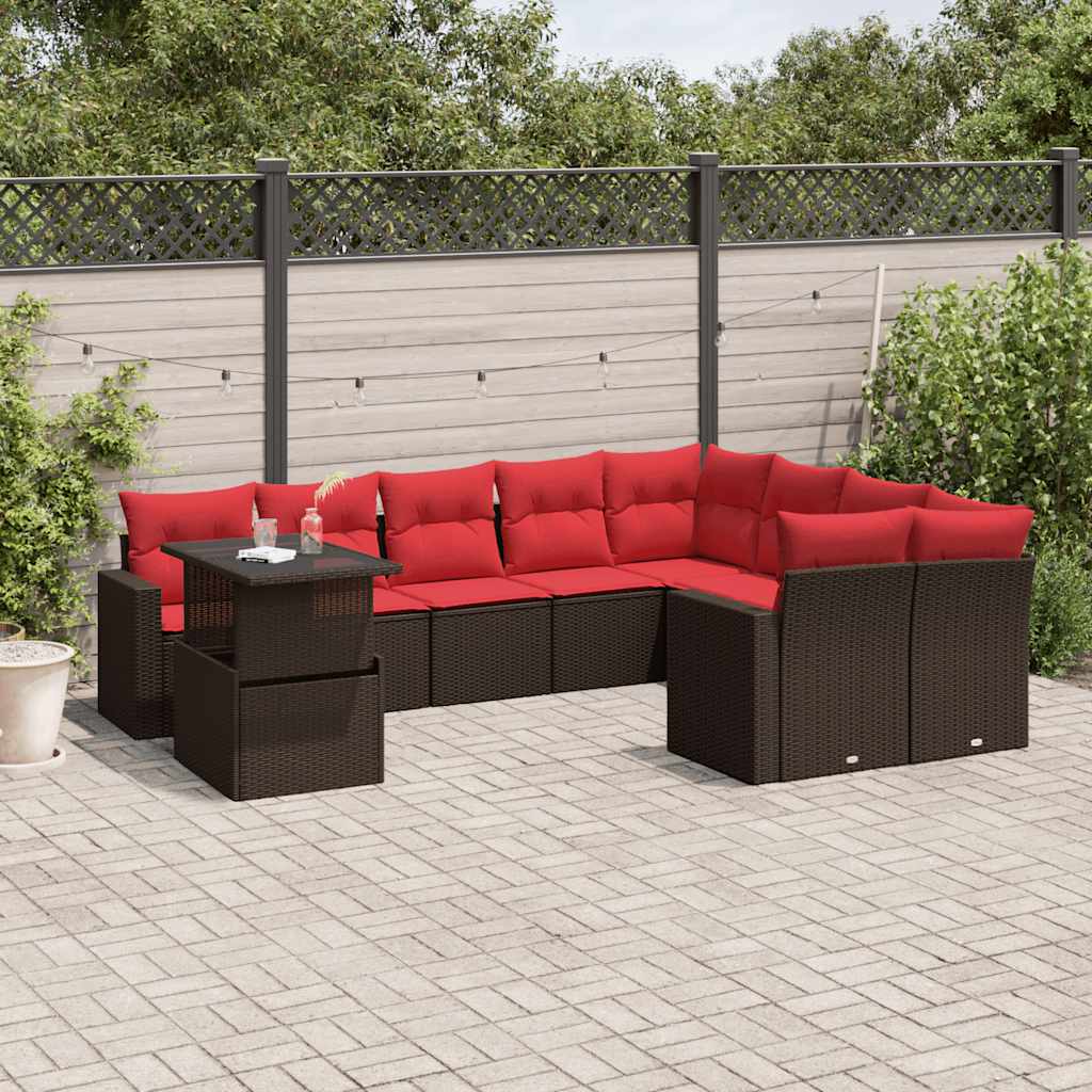 10 Piece Patio Sofa Set with Cushions Brown Poly Rattan