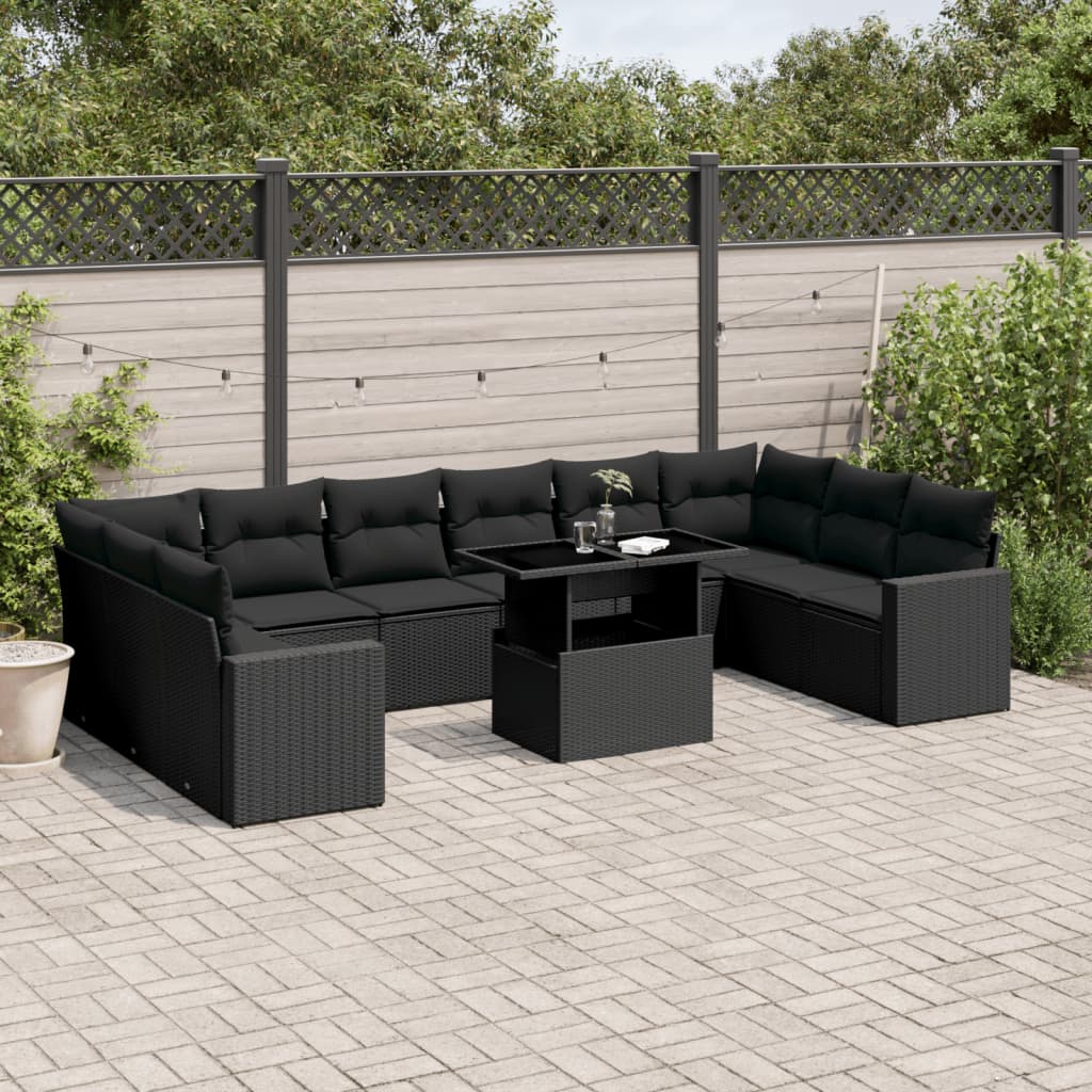 vidaXL 11-tlg. Garten-Sofagarnitur mit Kissen Schwarz Poly Rattan