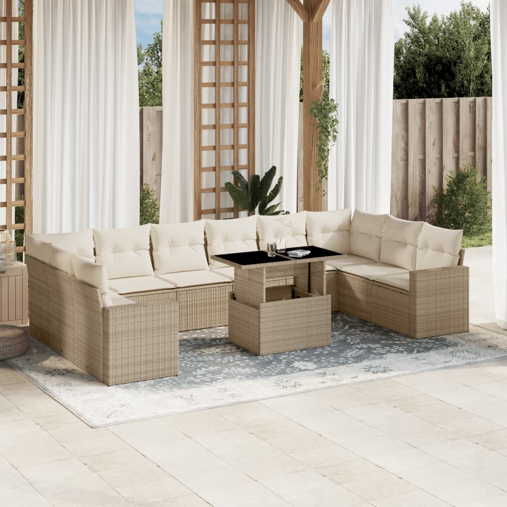 vidaXL 11-tlg. Garten-Sofagarnitur mit Kissen Beige Poly Rattan