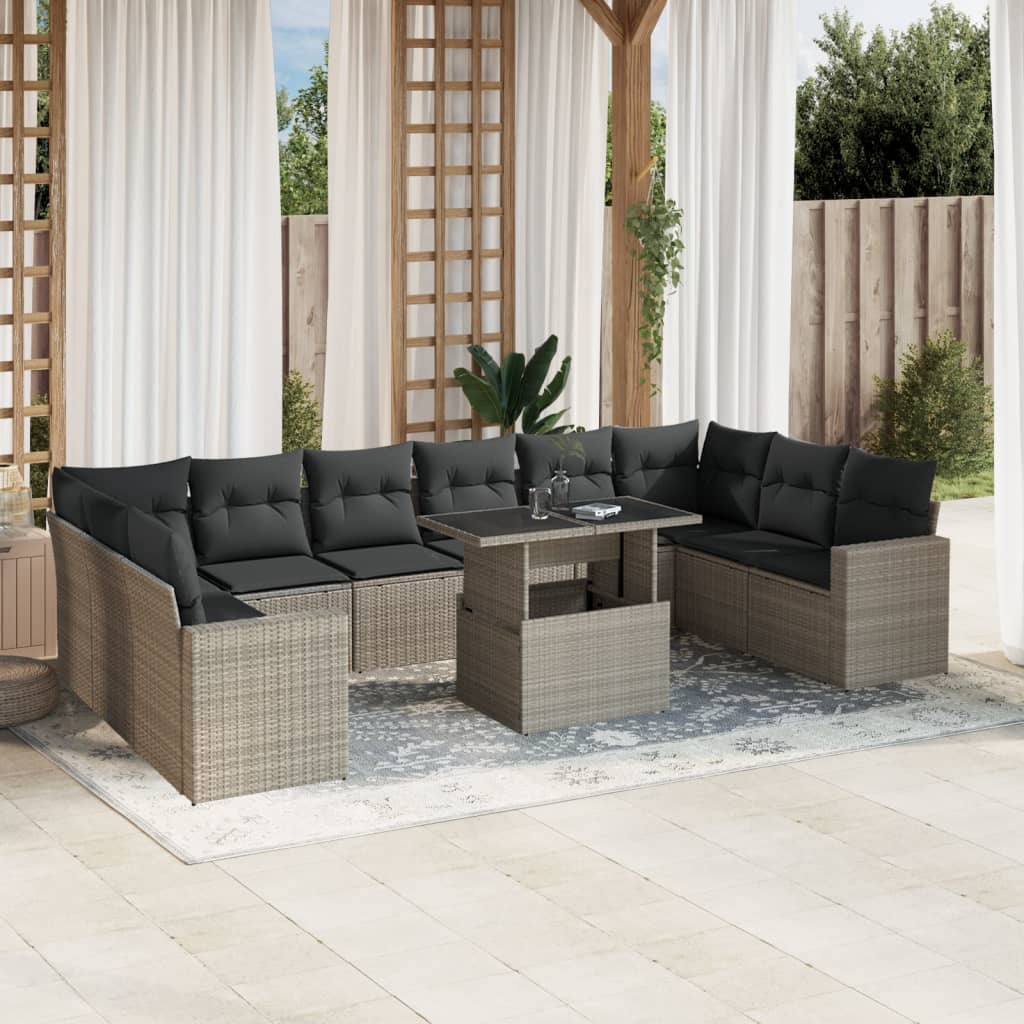 11-tlg. Garten-Sofagarnitur mit Kissen Hellgrau Poly Rattan