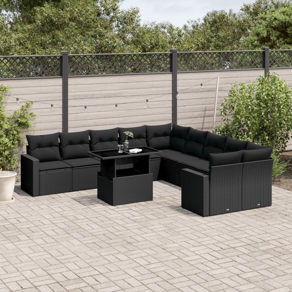 11-tlg. Garten-Sofagarnitur mit Kissen Schwarz Poly Rattan