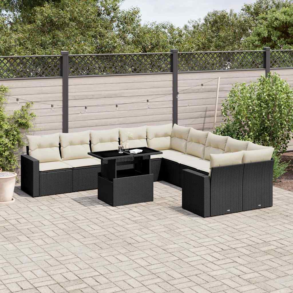 vidaXL 11-tlg. Garten-Sofagarnitur mit Kissen Schwarz Poly Rattan